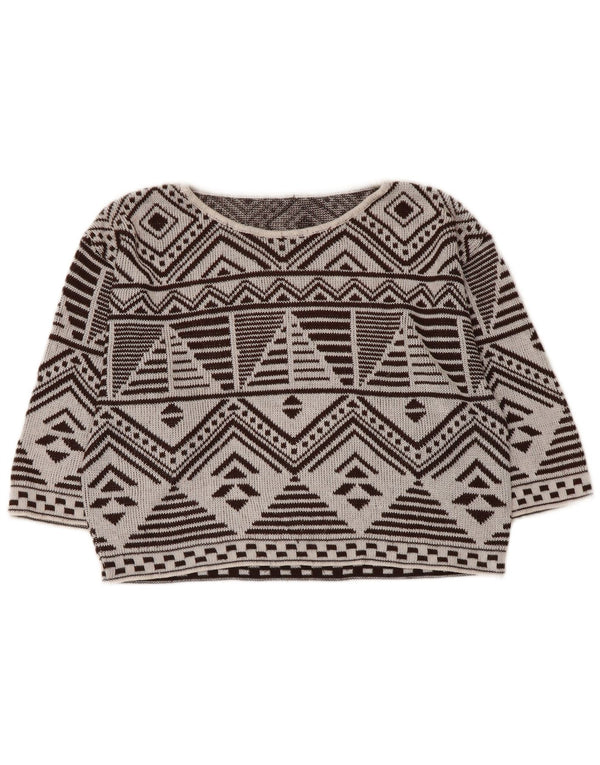 Vintage Womens Crop Boat Neck Jumper Sweater UK 14 Medium Brown Geometric