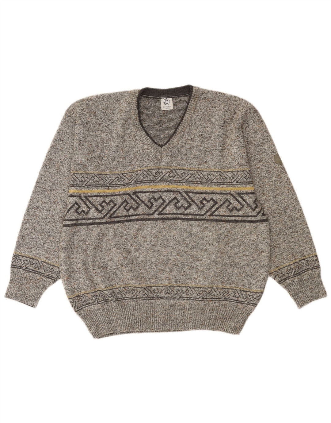 VINTAGE muški džemper s V-izrezom IT 52 veliki sivi geometrijski vuneni