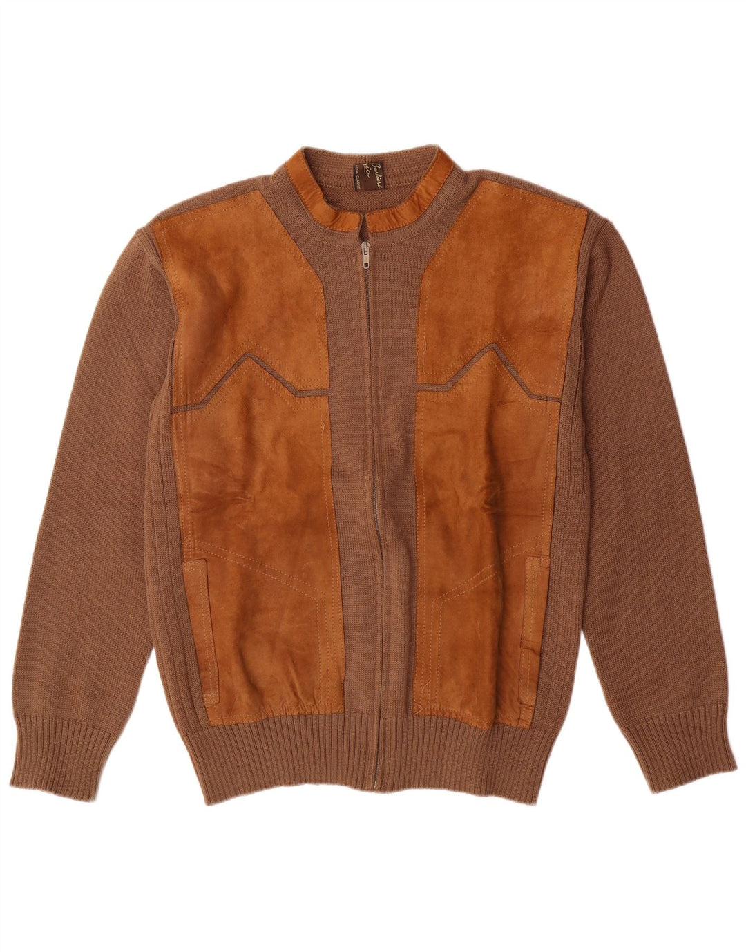 VINTAGE muški kardigan pulover od brušene kože IT 52 velika smeđa vunena boja