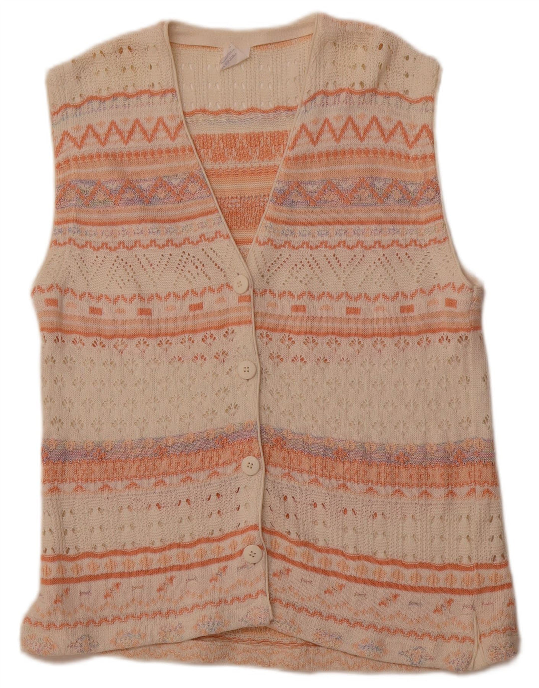 VINTAGE ženski kardigan pulover bez rukava UK 14 srednje bijele geometrije