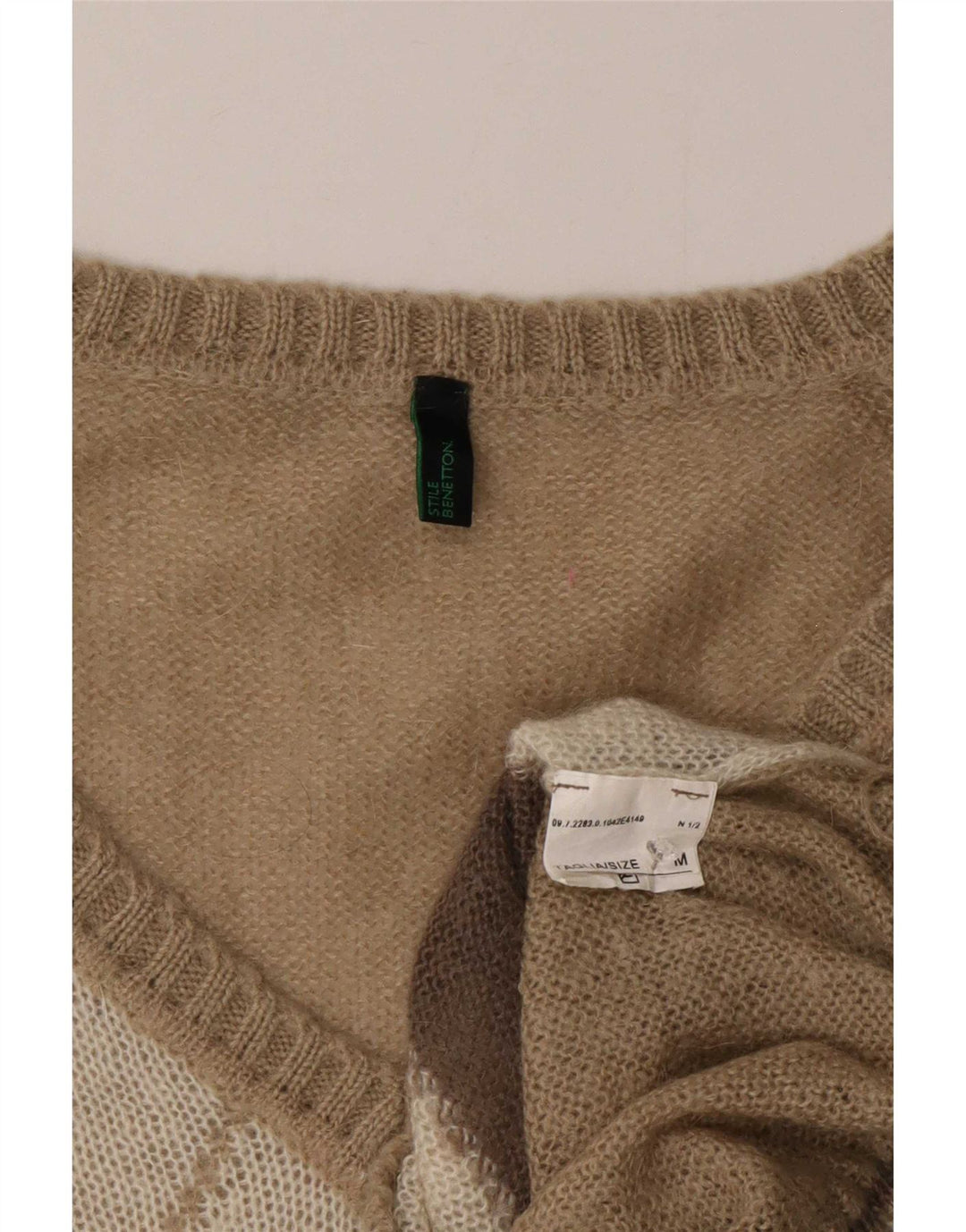 Benetton ženski džemper s V-izrezom UK 14 Srednje bež Argyle/Diamond