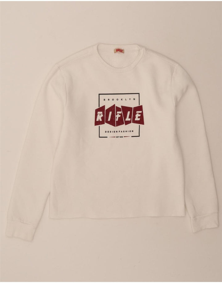 RIFLE Mens Graphic Sweatshirt Jumper Large White Cotton Vintage Rifle and Second-Hand Rifle from Messina Hembry 