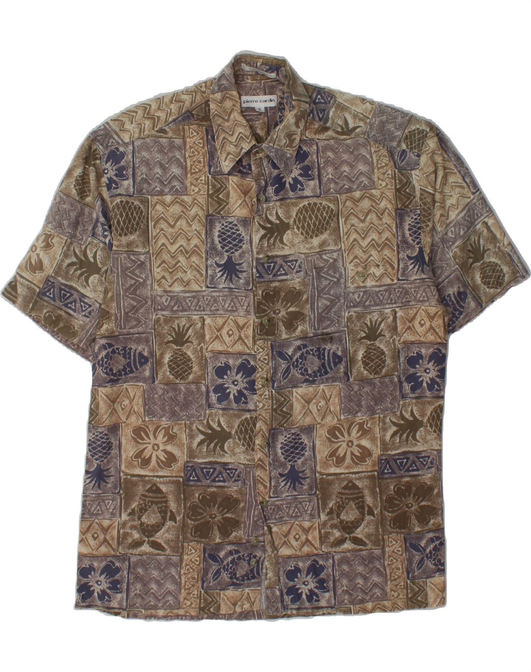 PIERRE CARDIN Mens Short Sleeve Shirt Small Brown Patchwork Cotton Vintage Pierre Cardin and Second-Hand Pierre Cardin from Messina Hembry 
