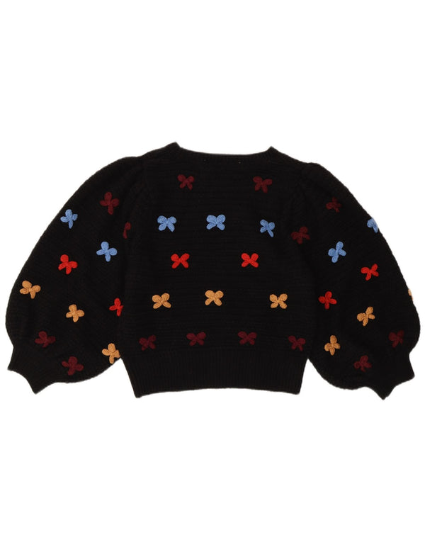 Vintage ženski džemper s okruglim izrezom s apstraktnim uzorkom UK 10 Mali crni