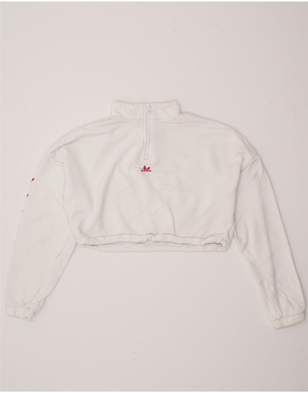 ADIDAS Womens Oversized Crop Graphic Sweatshirt Jumper UK 10 Small White Vintage Adidas and Second-Hand Adidas from Messina Hembry 