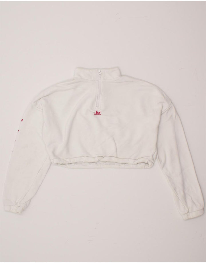 ADIDAS Womens Oversized Crop Graphic Sweatshirt Jumper UK 10 Small White Vintage Adidas and Second-Hand Adidas from Messina Hembry 