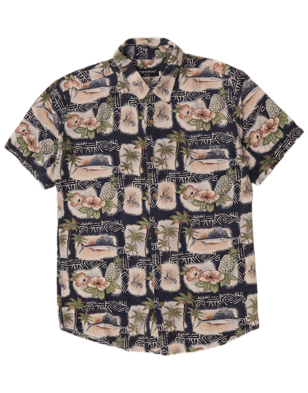 Portofino Mens Graphic Short Sleeve Shirt Medium Navy Blue Floral Silk