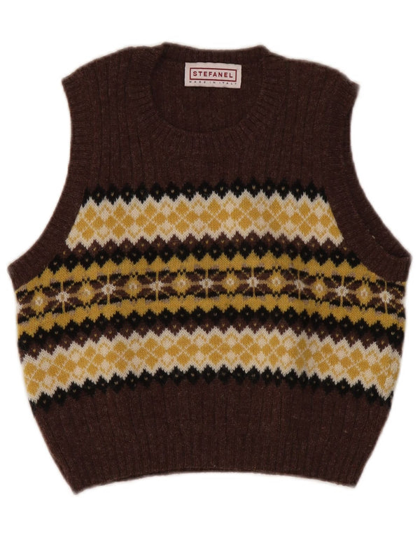 Stefanel ženski kratki prsluk bez rukava UK 10 Small Brown Fair Isle vuna