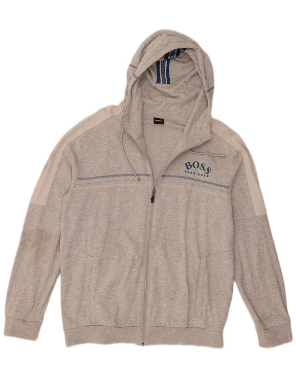 Hugo Boss muški pulover s kapuljačom s patentnim zatvaračem 2XL sivi pamuk u blokovima boja