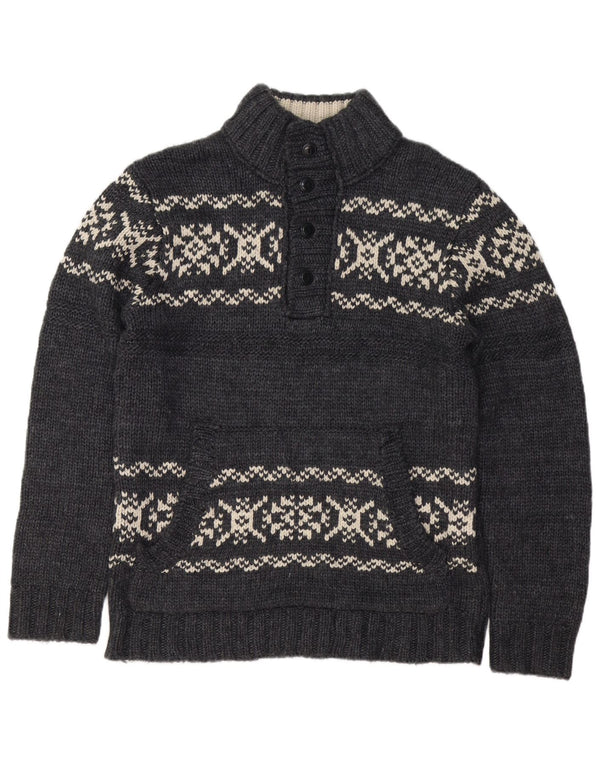 Dockers Mens Button Neck Jumper Sweater Large Grey Fair Isle Acrylic