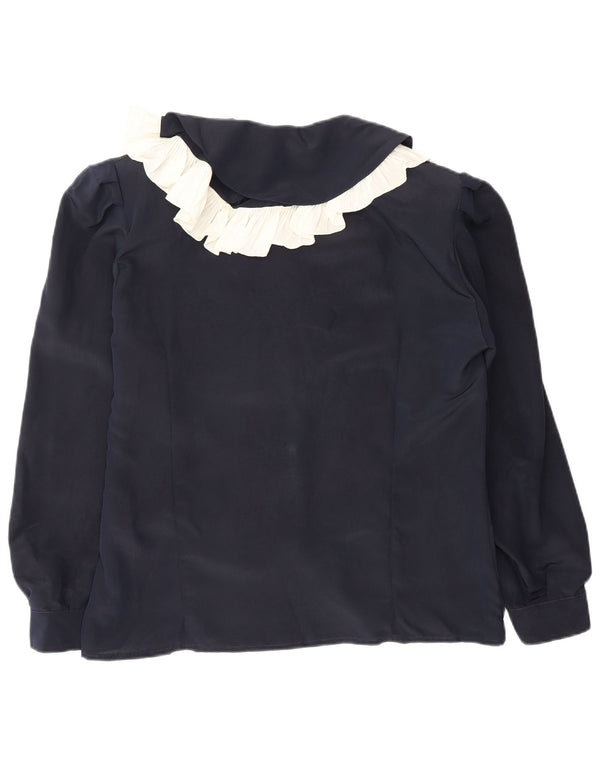 Vintage Womens Front Tie Shirt Blouse UK 16 Large Navy Blue Colourblock