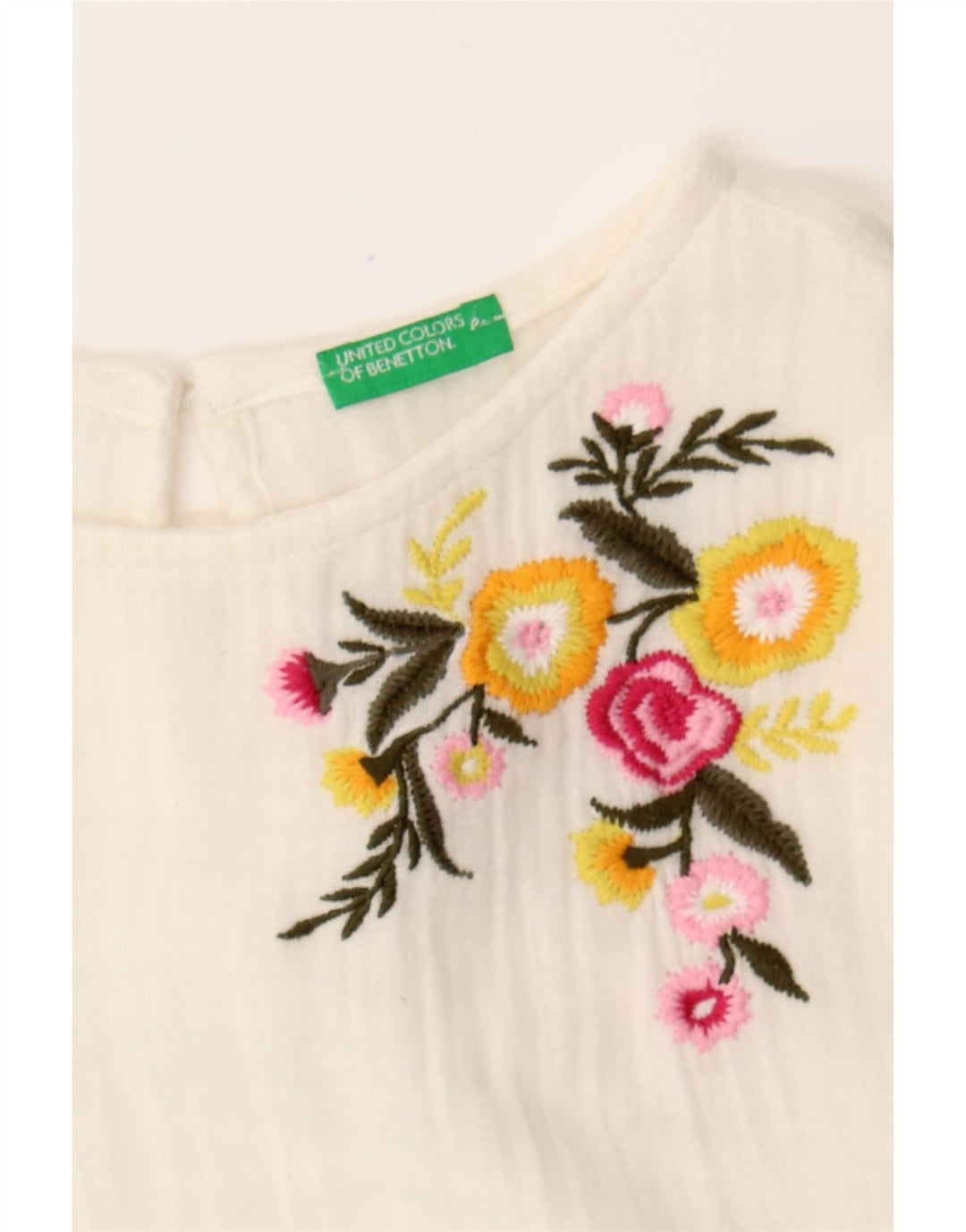 BENETTON Girls Long Sleeve Blouse Top 13-14 Years 3XL White Floral Cotton Vintage Benetton and Second-Hand Benetton from Messina Hembry 