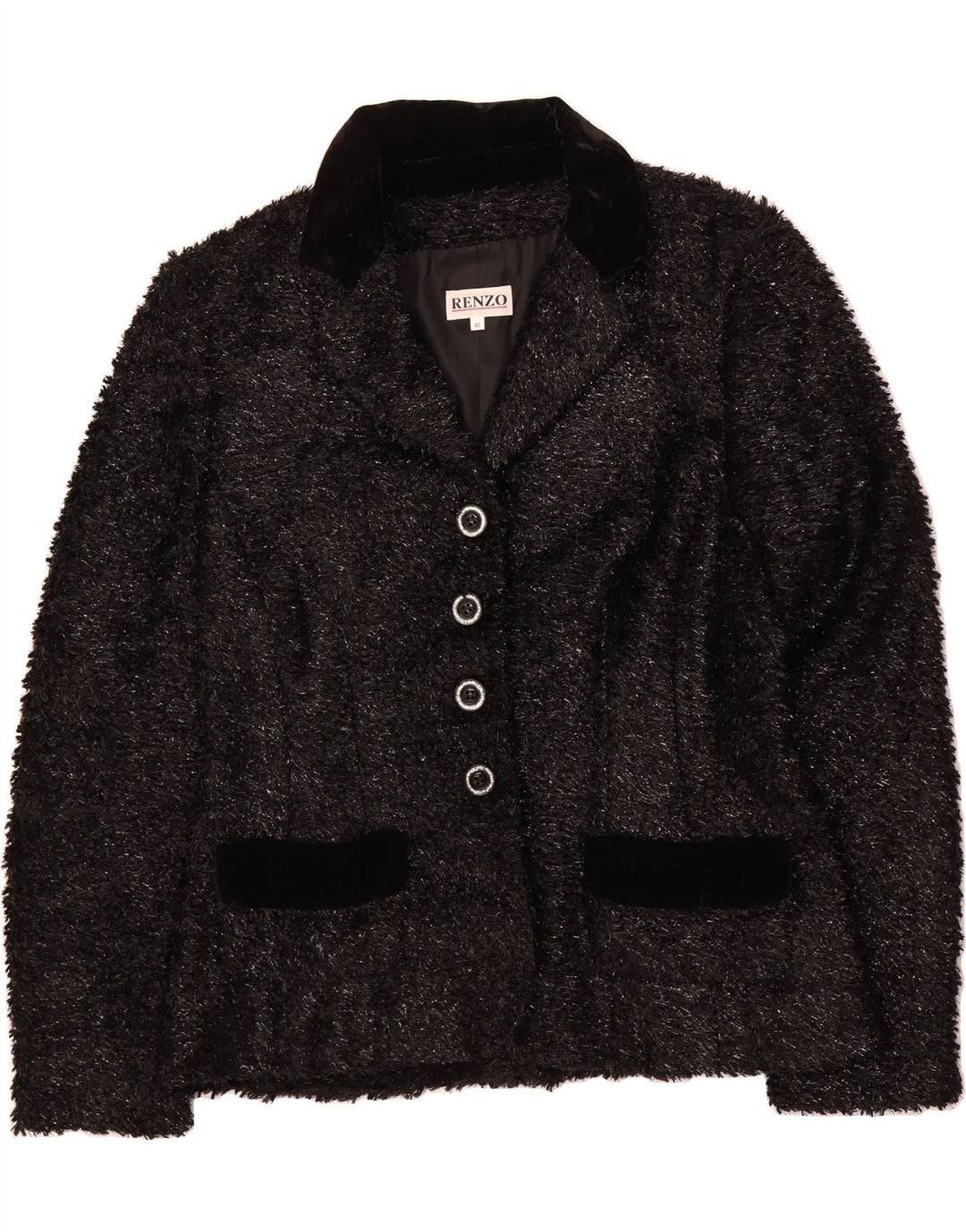 RENZO Womens Faux Fur 4 Button Blazer Jacket IT 40 Small Black Polyester Vintage Renzo and Second-Hand Renzo from Messina Hembry 