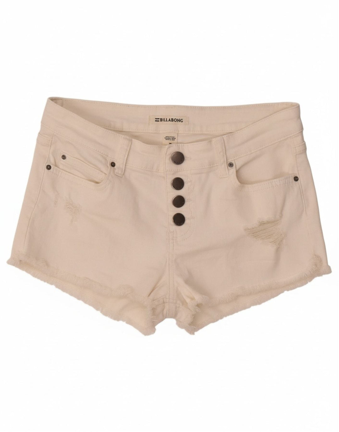 BILLABONG Womens Distressed Denim Hot Pants W26 Small Off White Cotton