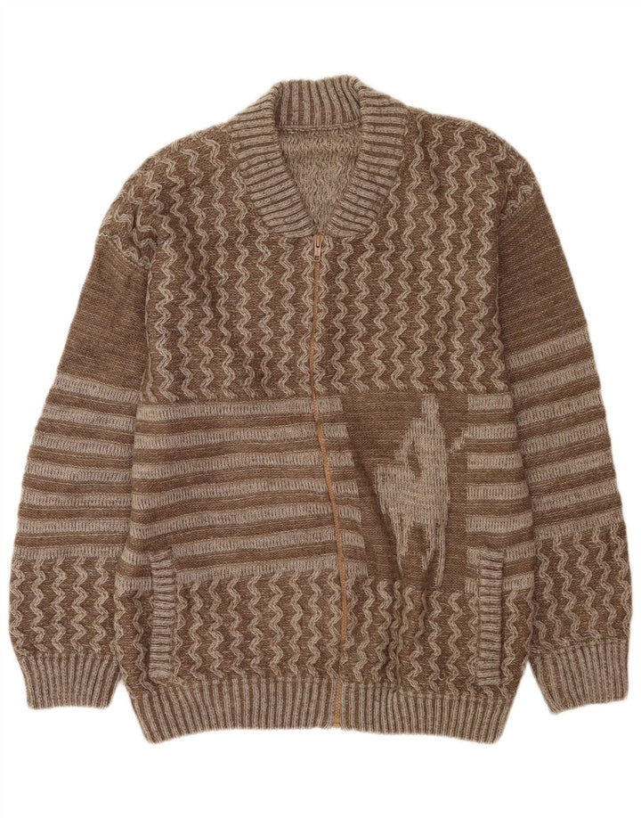 Vintage muški grafički kardigan džemper veliki smeđi patchwork vuneni