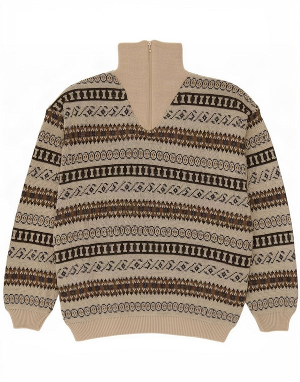 Vintage muški džemper s izrezom s patentnim zatvaračem IT 54 XL bež geometrijski akril