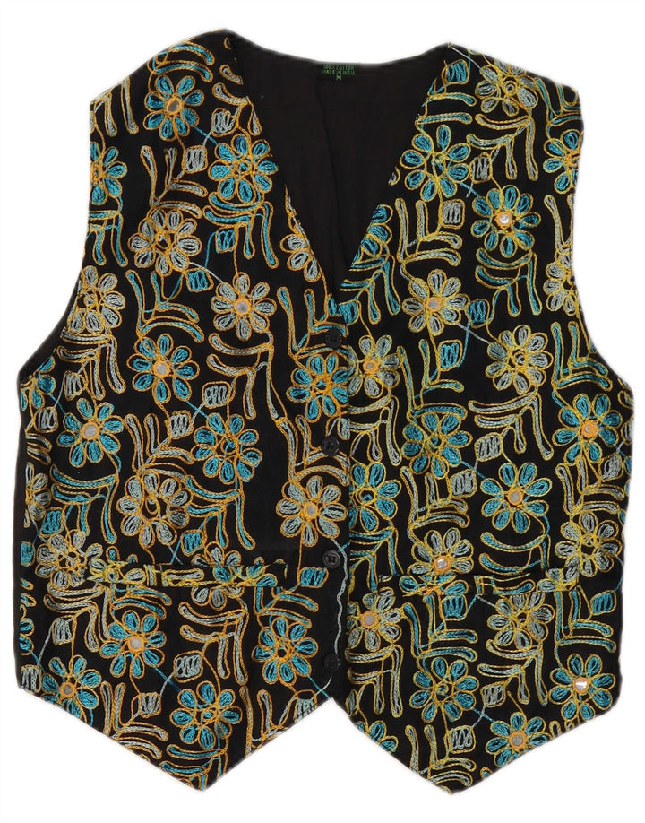 VINTAGE ženski prsluk UK 14 Srednje crni cvjetni pamuk