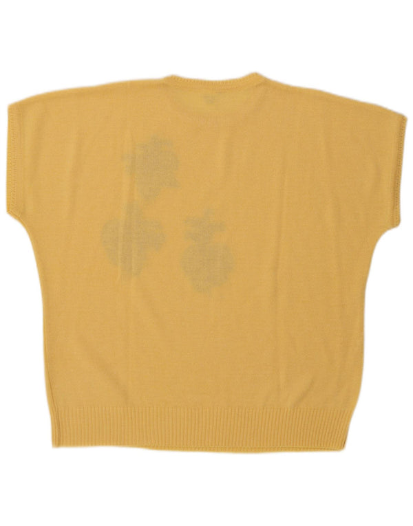 Vintage ženski džemper kratkih rukava s okruglim izrezom EU 44 XL žuti cvjetni