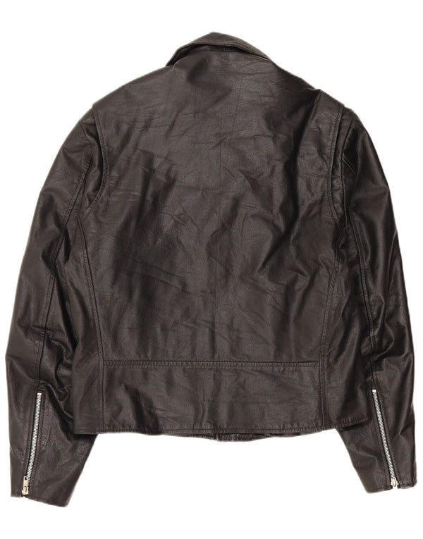 VINTAGE Womens Oversized Leather Biker Jacket UK 10 Small Black Leather