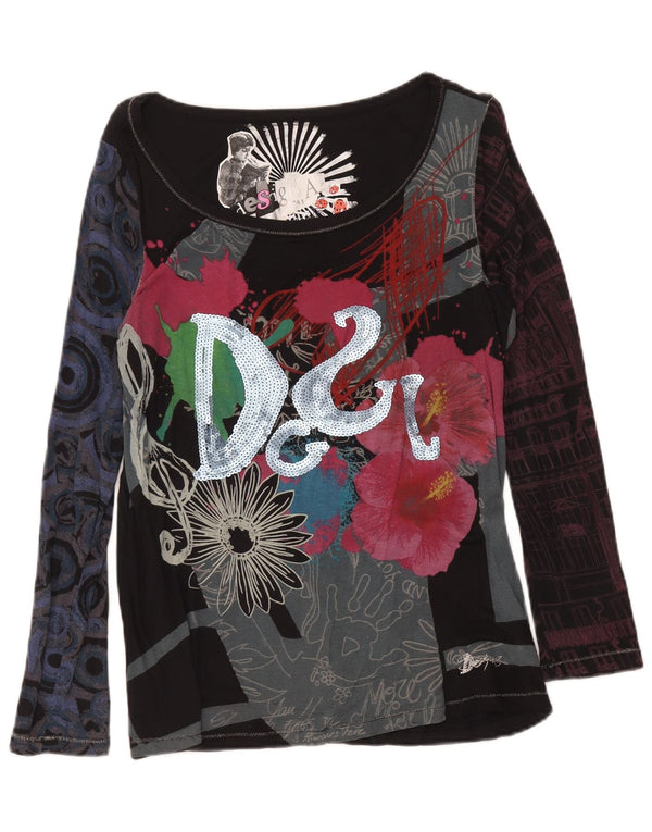 Desigual ženska majica dugih rukava s grafikama UK 14 srednje crna cvjetna viskoza