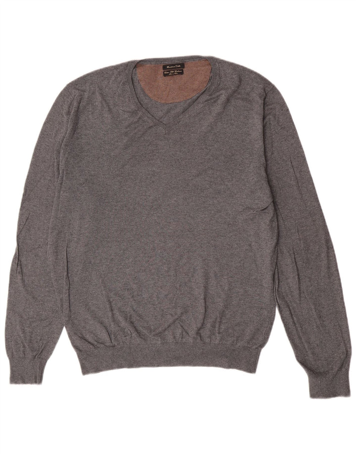 Massimo Dutti, muški pulover s V-izrezom, veliki sivi pamučni klasik