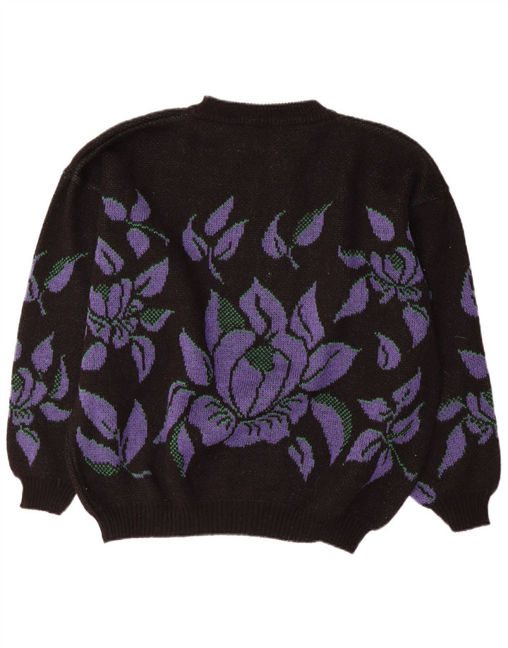 Vintage ženski džemper s kornjačastim ovratnikom UK 14 Veliki crni cvjetni