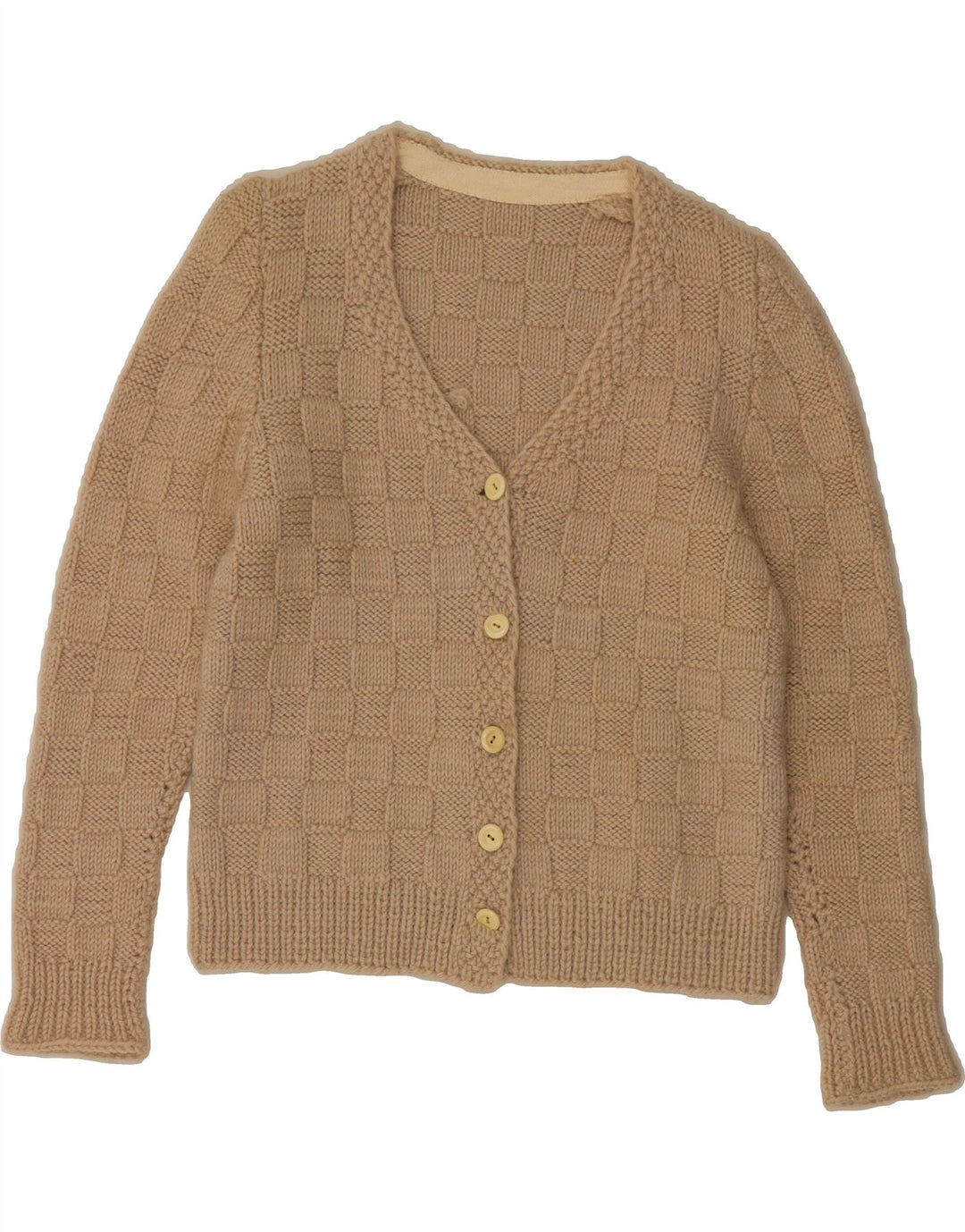 VINTAGE Womens Cardigan Sweater UK 12 Medium Beige Check Vintage Vintage and Second-Hand Vintage from Messina Hembry 