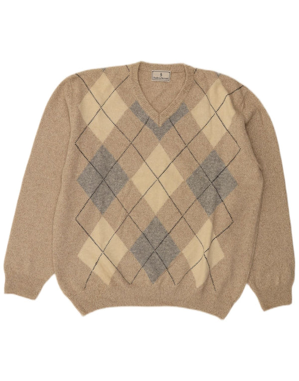 Vintage Mens V-Neck Jumper Sweater 2XL Beige Argyle/Diamond Lambswool