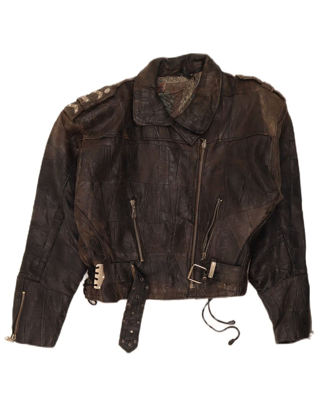 DR MARTENS Ženska izrezana kožna biciklistička jakna UK 18 XL Smeđa patchwork