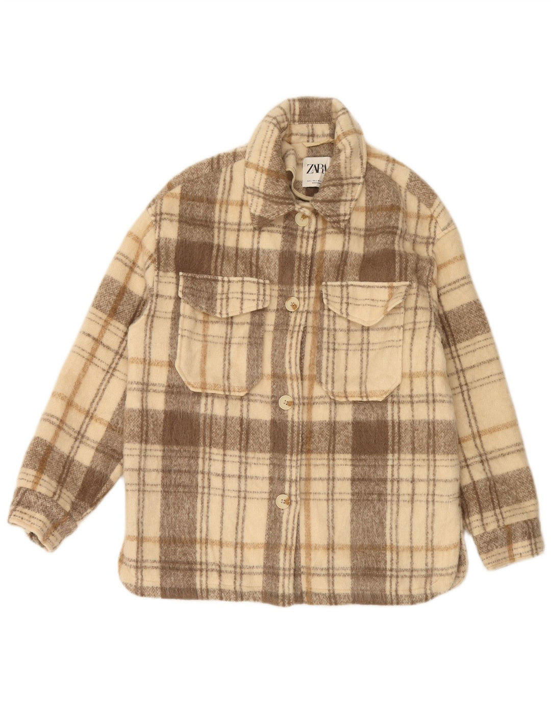 ZARA Womens Oversized Bomber Jacket UK 10 Small Beige Check Polyester