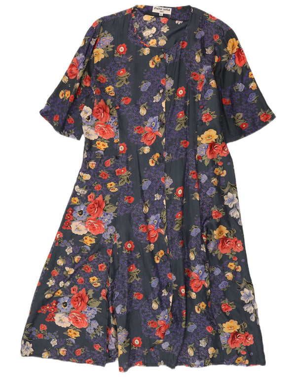 Vintage ženska haljina košulja kratkih rukava UK 18 XL tamnoplava cvjetna svila