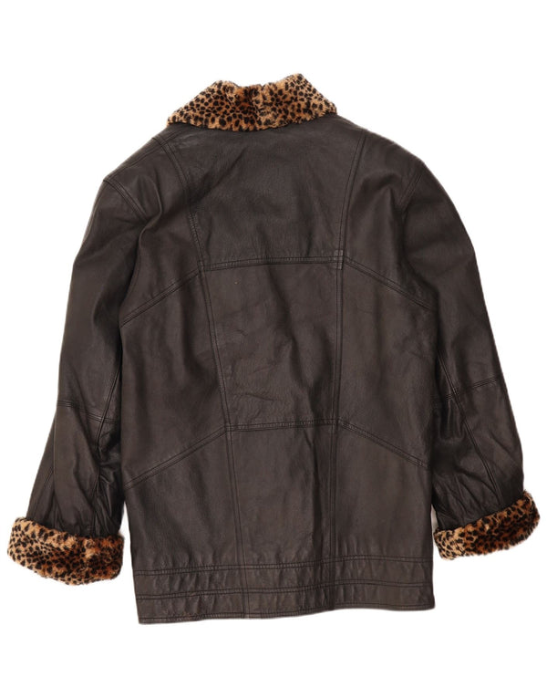 VINTAGE ženski preveliki kožni kaput UK 10 Mali crni životinjski print