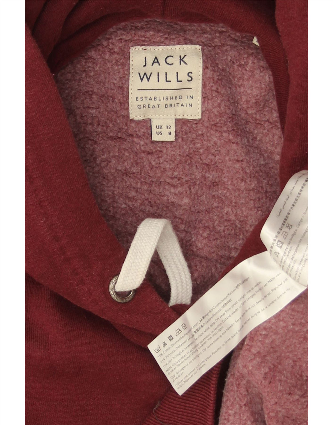 JACK WILLS Ženska majica s kapuljačom s kapuljačom s kapuljačom UK 12 Srednji tamnocrveni pamuk