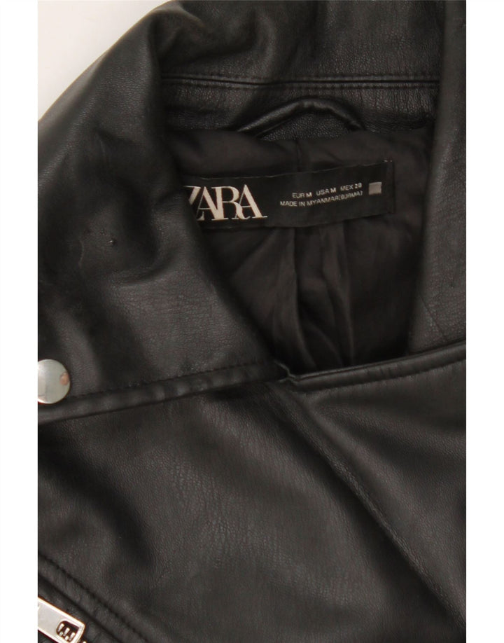 ZARA Womens Faux Leather Biker Jacket UK 12 Medium Black Polyurethane