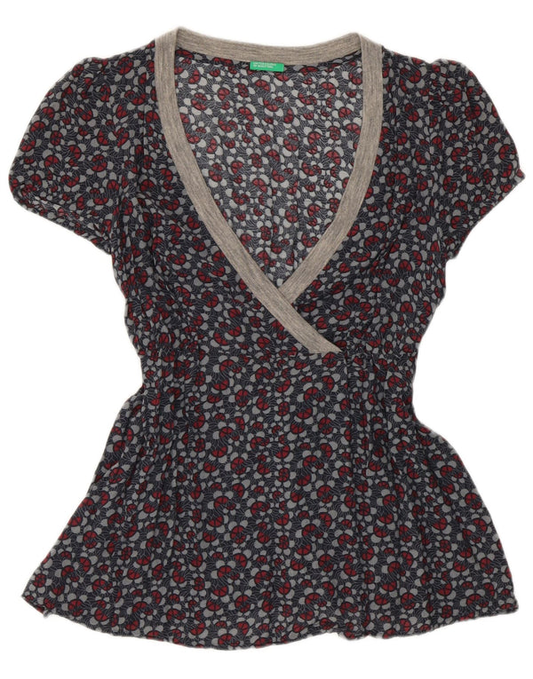 Benetton Womens Blouse Top UK 10 Small Grey Floral