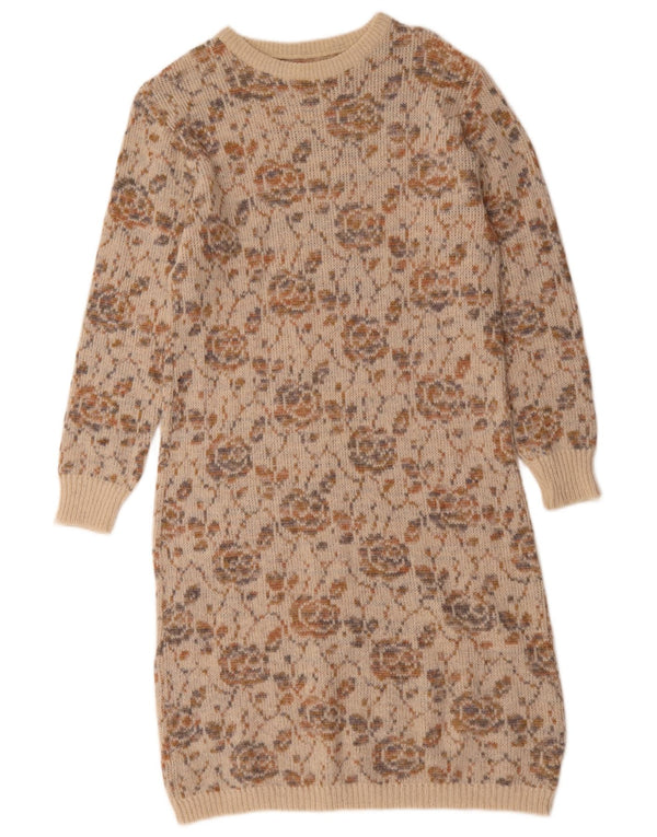 Vintage ženska džemper haljina UK 12 srednje bež cvjetne boje