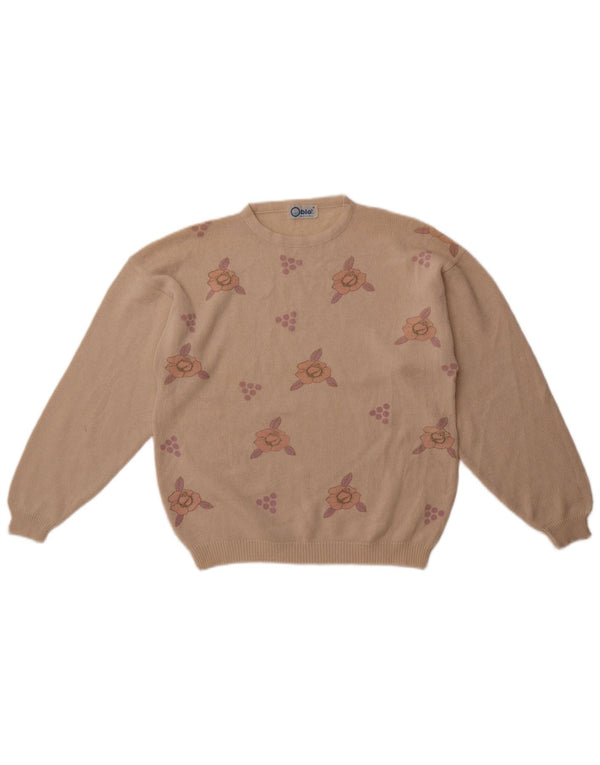 Vintage ženski džemper s okruglim izrezom UK 14 Srednje bež cvjetni pamuk