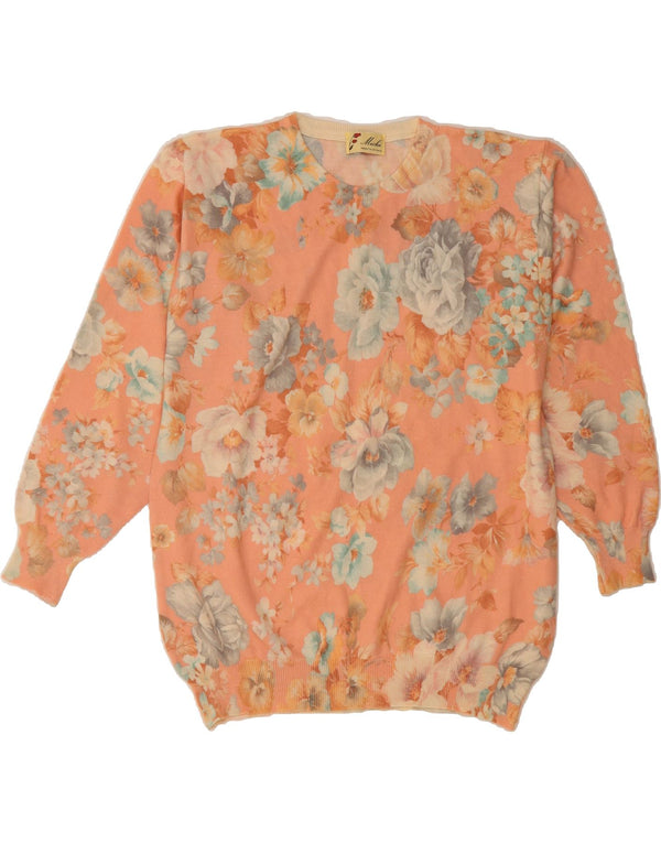 VINTAGE ženski džemper s okruglim izrezom UK 18 XL ružičasta cvjetna vunena