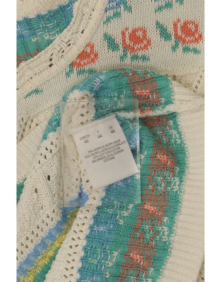 VINTAGE ženski džemper s lađastim izrezom IT 46 Veliki bijeli akril s cvjetnim motivima