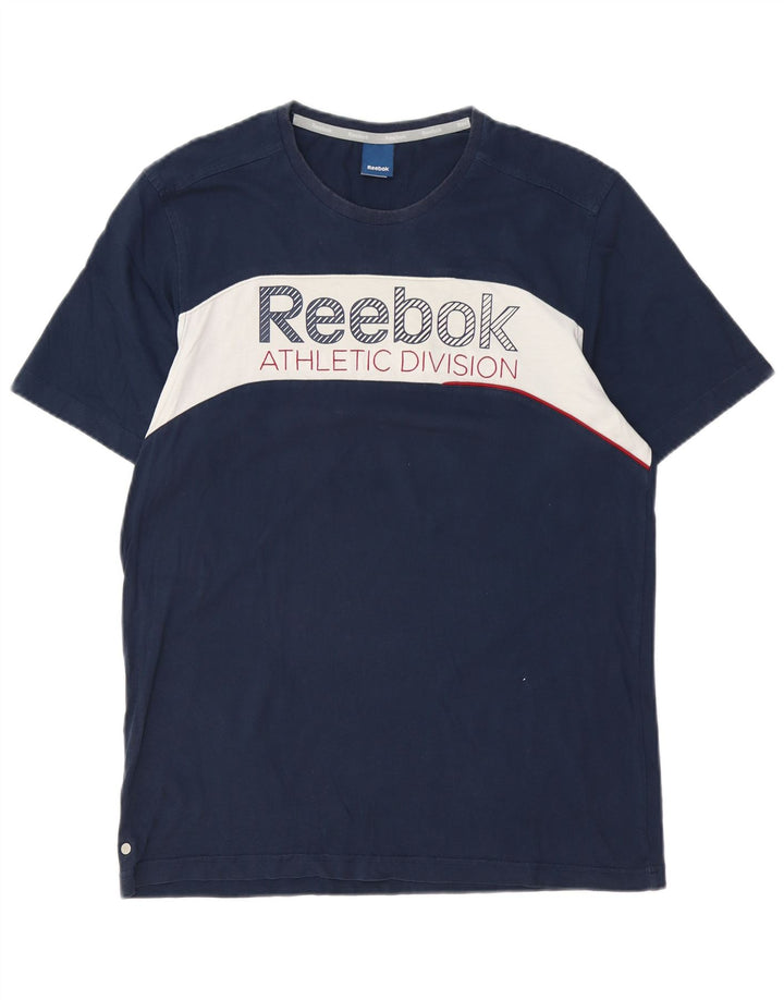 REEBOK Mens Graphic T-Shirt Top Medium Navy Blue Colourblock Cotton Vintage Reebok and Second-Hand Reebok from Messina Hembry 