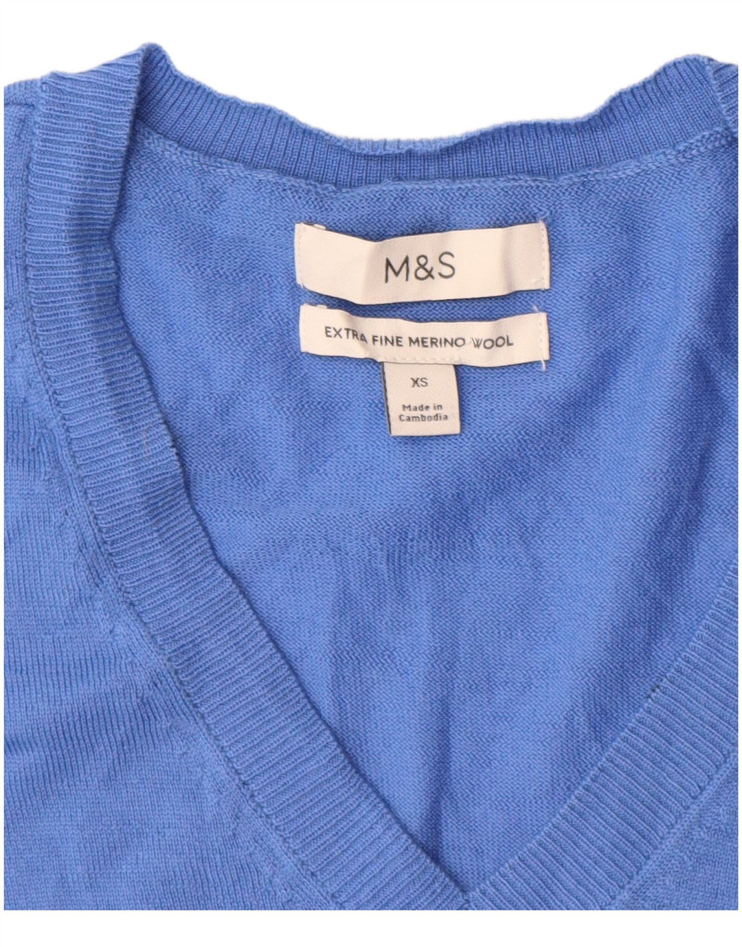 Marks & Spencer ženski džemper s V-izrezom UK 6 XS plava merino vuna