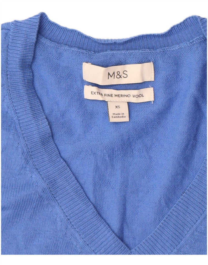 Marks & Spencer ženski džemper s V-izrezom UK 6 XS plava merino vuna