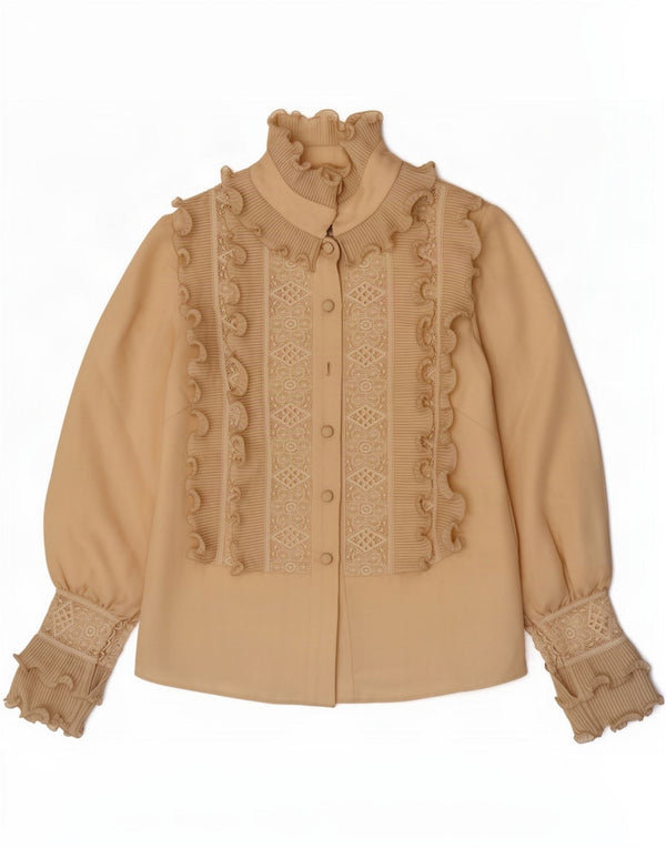 Vintage Womens Ruffle Front Shirt Blouse UK 8 Small Beige