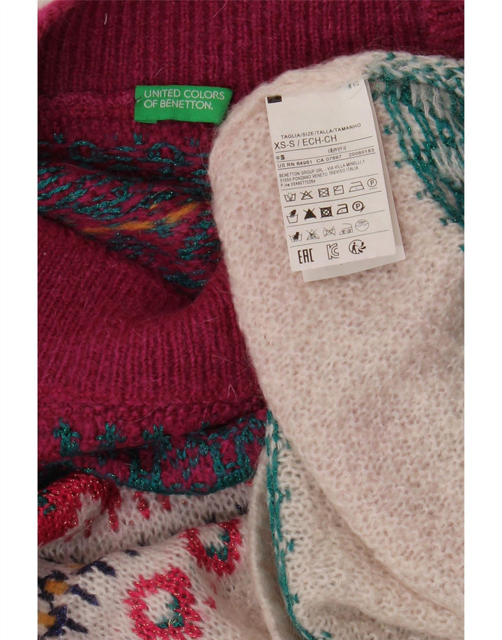 BENETTON ženski kratki džemper s ovratnikom UK 6 XS Burgundy Fair Isle