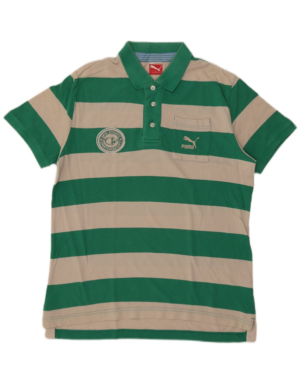 Puma Mens Polo Shirt Medium Green Striped Cotton