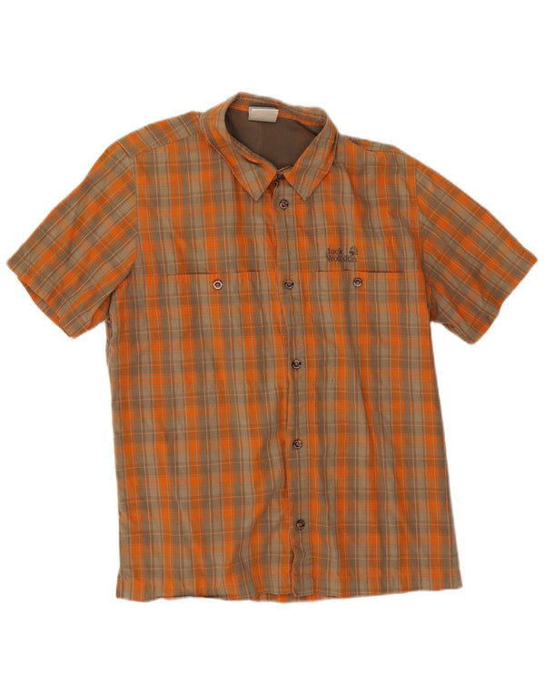 Jack Wolfskin Mens Short Sleeve Shirt UK 36/38 Medium Orange Check Cotton