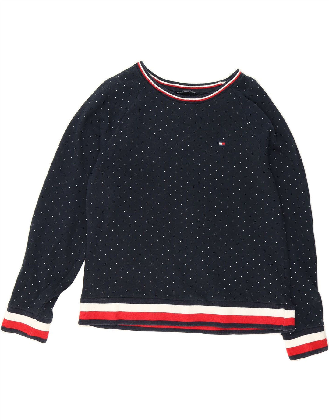 TOMMY HILFIGER Womens Sweatshirt Jumper UK 14 Medium Navy Blue Spotted Vintage Tommy Hilfiger and Second-Hand Tommy Hilfiger from Messina Hembry 