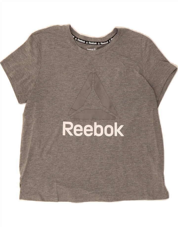 REEBOK Womens Graphic T-Shirt Top UK 14 Medium Grey Polyester Vintage Reebok and Second-Hand Reebok from Messina Hembry 