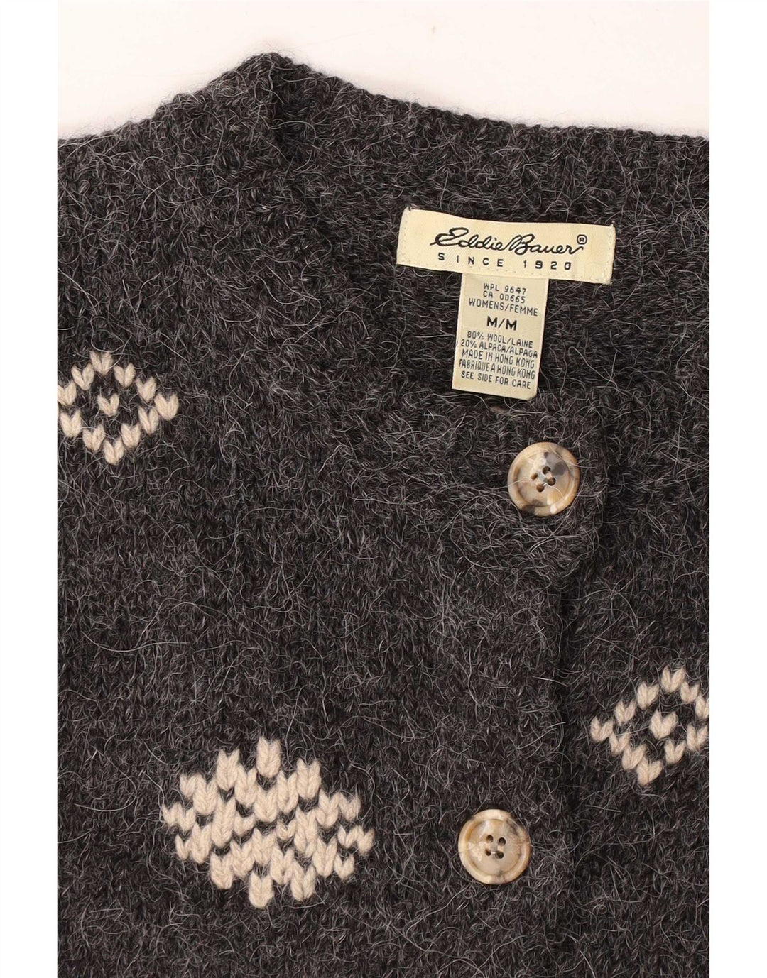 Eddie Bauer Womens Cardigan Sweater UK 14 Medium Grey Fair Isle Wool