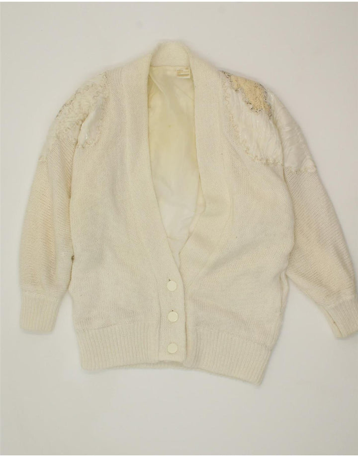 VINTAGE Womens Abstract Pattern Cardigan Sweater UK 14 Medium White Vintage Vintage and Second-Hand Vintage from Messina Hembry 